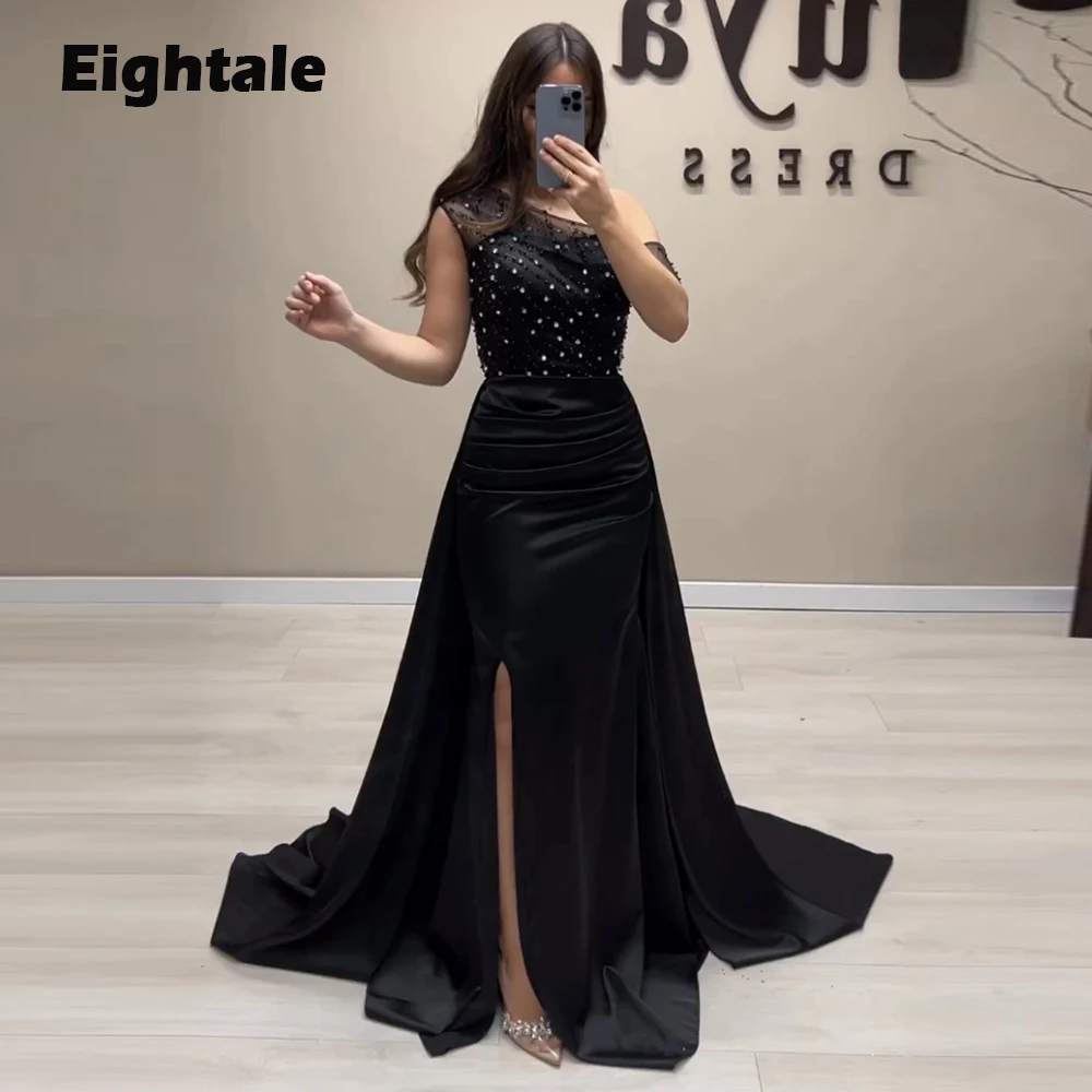 Eightale Formal Occassion Evening Dresses Arabic One Shoulder Beaded Side Slit Black Prom Gown Satin Mermaid Wedding Party Dress