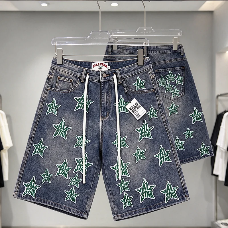 Vale Star Patch Denim Shorts Men Vintage Black Washed Drawstring Jean Shorts