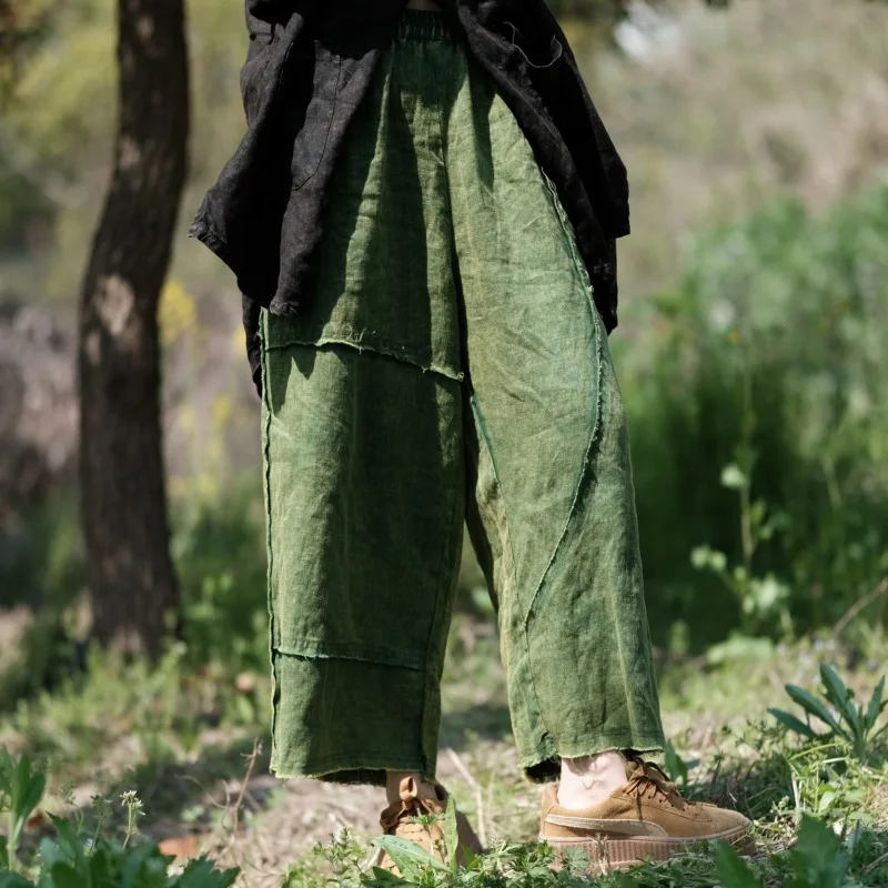 New Spring Women Good Quality Ankle-length Pants Casual Loose Elastic Waist Vintage Cotton Linen Patchwork Wide Leg Pants Y236