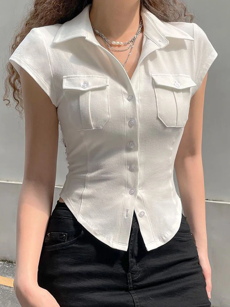 

White Crop Top Women Summer Short Sleeve Blouse Female Korean Fashion Preppy Style Polo Shirts Ladies Elegant Slim Camisas