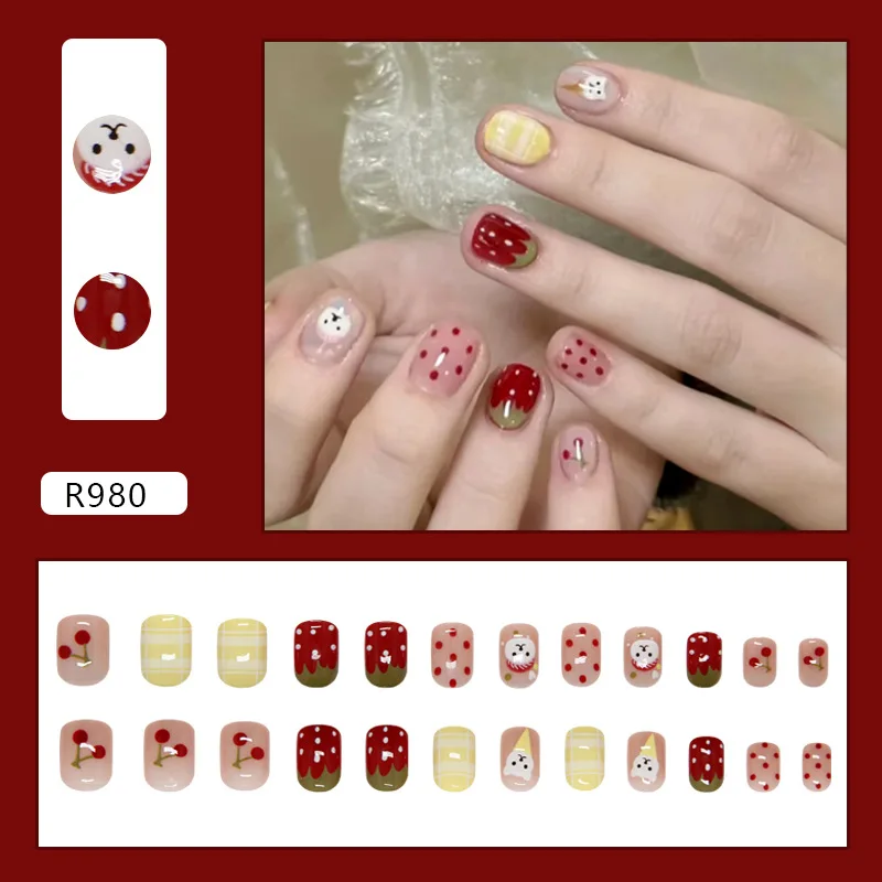 24Pcs Short Square Press on Nails Cute Cartoon Bear Strawberry Cherry Fake Nails Pink Yellow Polka Dots Acrylic Nails for Women