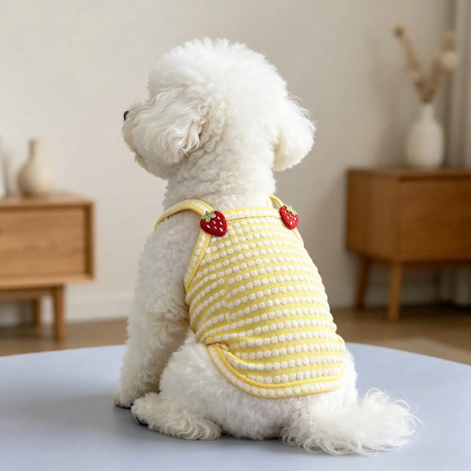 1 Stück gestreiftes Strick-Hundetanktop mit 3D-Frucht-Blumen-Ornament, atmungsaktive Welpenweste für kleine Hunde – Detail 25