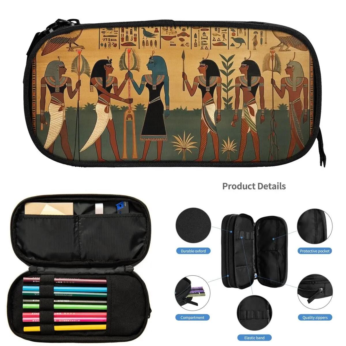 مصر القديمة جدارية الأساطير المصرية مقلمة للطلاب مدرسة صندوق القلم حقيبة أقلام رصاص سعة كبيرة قلم رصاص الحقيبة حامل القلم