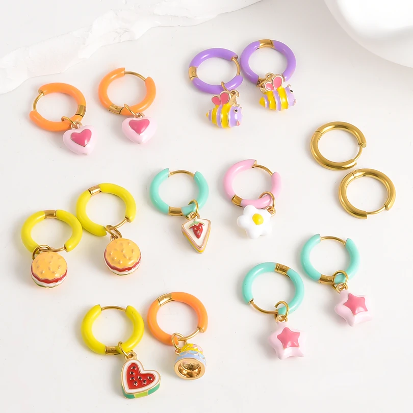 1 par de Esmalte de dopamina, corazón dulce, bonita flor de abeja Y2K, Aretes estéticos para chica, pastel de comida divertido, pendientes de aro de estrella gótica, joyería