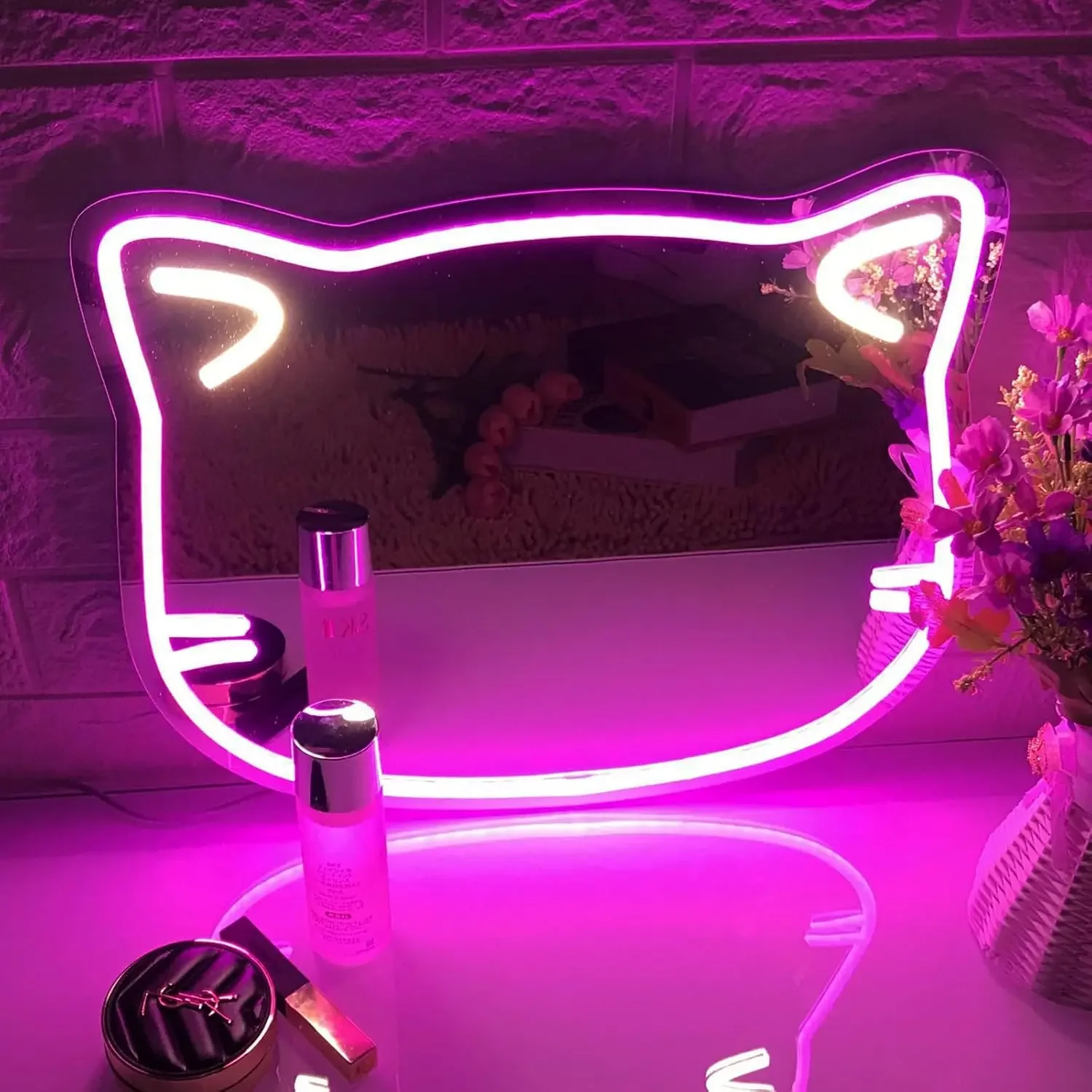 Cat Mirror Neon Sign LED Wall Art USB Powered Acrylic Glow Lamp Pink Kitty Theme Decor Home Bedroom Vanity Beauty Salon Light
