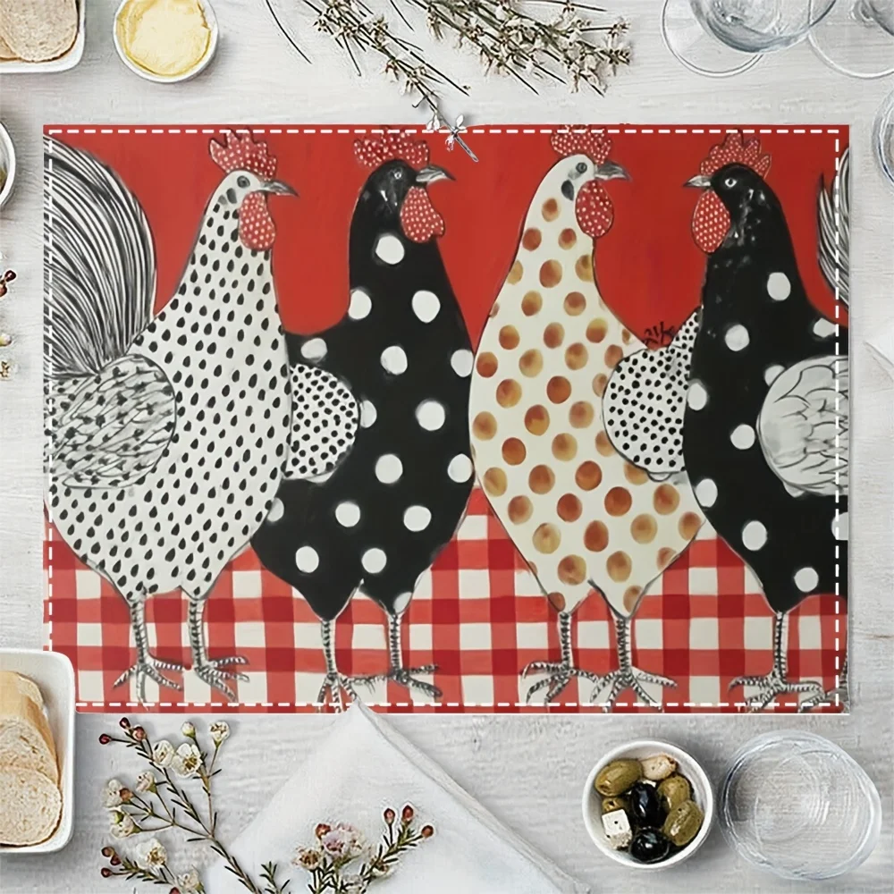 Rooster and Chicken Placemats Set of 4 Farmhouse Style Table Mats with Polka Dot Design Red Gingham Border Washable Linen Look