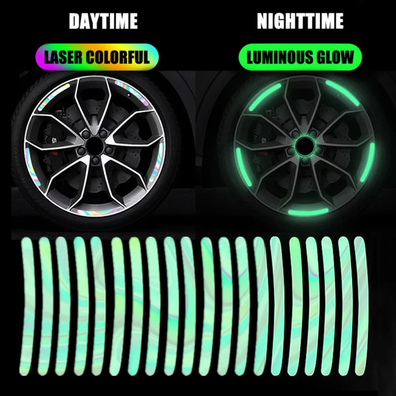 las tiras reflectantes del laser colorido de 20 piezas pegatina del cubo de la rueda de la motocicleta de la bicicleta del coche pegatinas luminosas de la seguridad de conducción nocturna