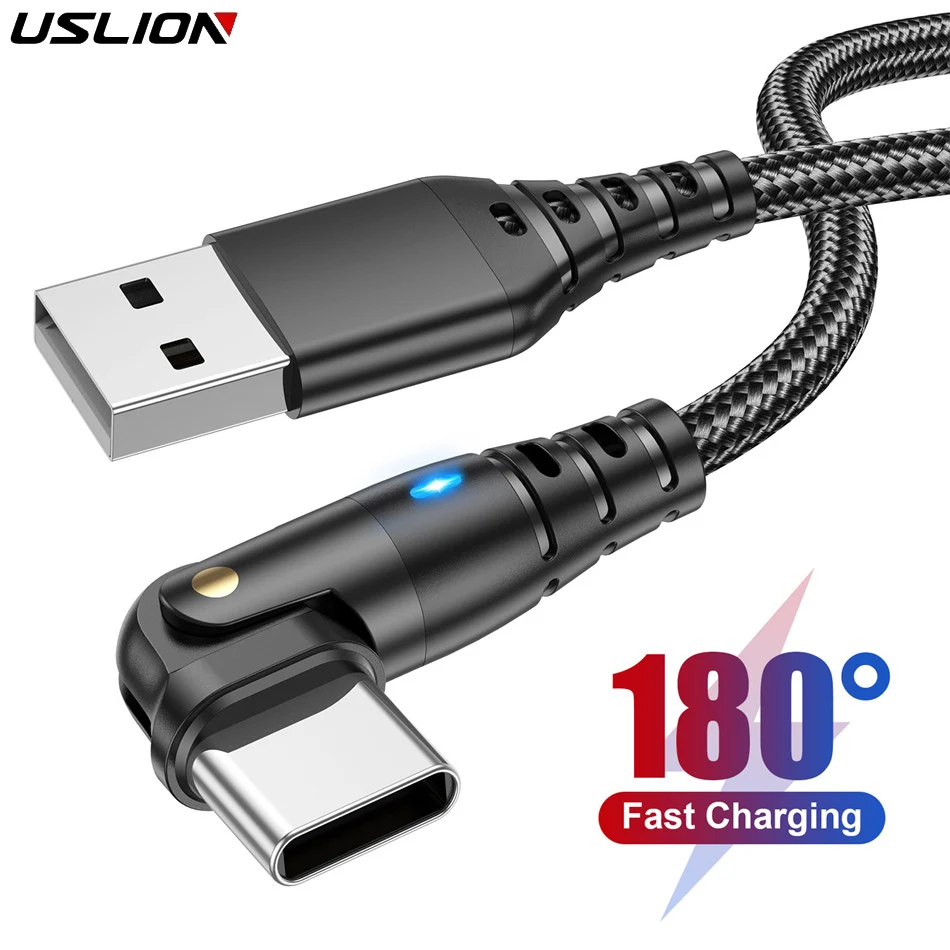 USLION 3A Fast Charging Type-C USB C Cable For Samsung S22 POCO Oneplus Huawei P40 180° Rotate Wire Charger Data Cord