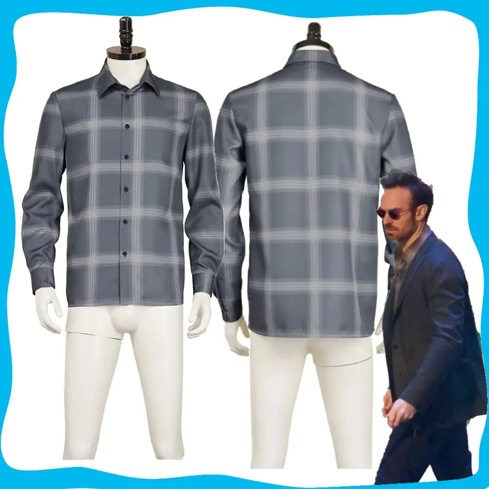 Matt Murdock Cosplay Men Fantasia Grey Plaid Shirt Movie Dare Cosplay Devil Costume Outfits Disguise Top Halloween Carnival Suit