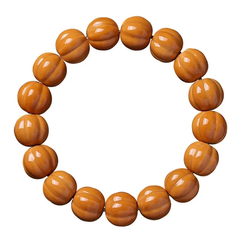 Natural Color Original Skin Carved Smooth Puff Pumpkin Monkey Head Bracelet for Men Women Prayer Beads Gifts