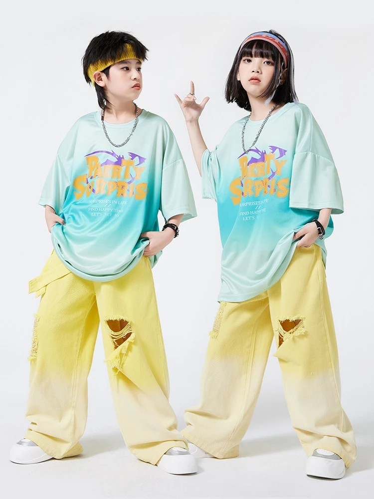 

Modern Hip Hop Dance Clothes Boys Girls Short Sleeves T Shirt Hole Pants Handsome Jazz Street Dance Practice Clothing Kpop L1512