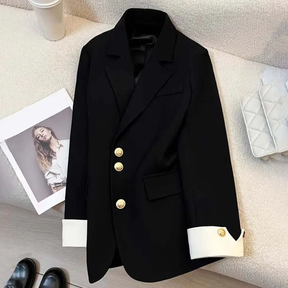 Single-breasted Vintage Suit Jacket Oversized Autumn Spring Notched Coat Women Korean Style Long Sleeve