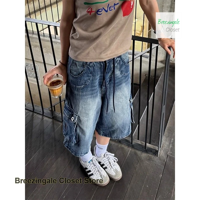 American fashion washed loose multi-pocket denim cropped pants women's summer new fashion old casual Joker street shorts.