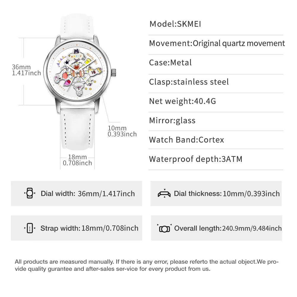 SKMEI Orologio da cartone animato alla moda Orologio da donna al quarzo con gatto carino Ruota il quadrante Studente Luminoso impermeabile per ragazze Studenti Regalo