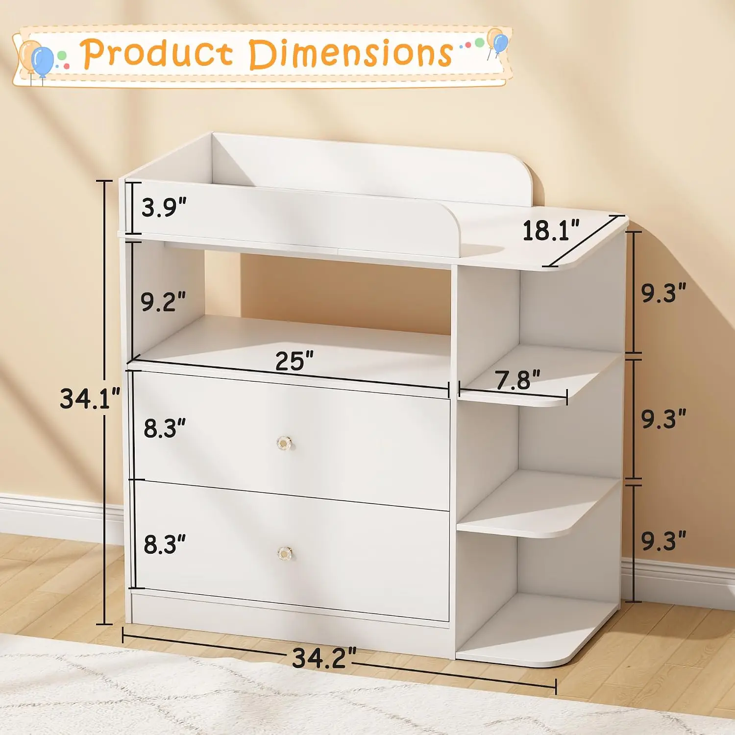 White Wood Baby Changing Table with 2 Drawers for Nursery, Customized