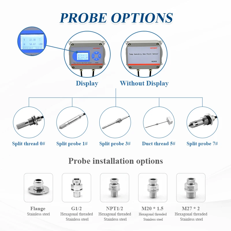 HG808C SS Probe -50 إلى 150 درجة مئوية دقيقة مستقرة Rs485 4-20ma 0-5V 0-10V جهاز إرسال درجة الحرارة والرطوبة