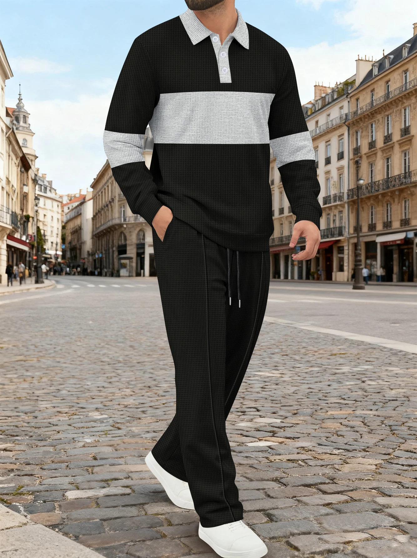 

Осенний комплект из рубашки-поло с длинными рукавами и длинными брюками с вафельными лацканами для мужчин, повседневная уличная повседневная одежда