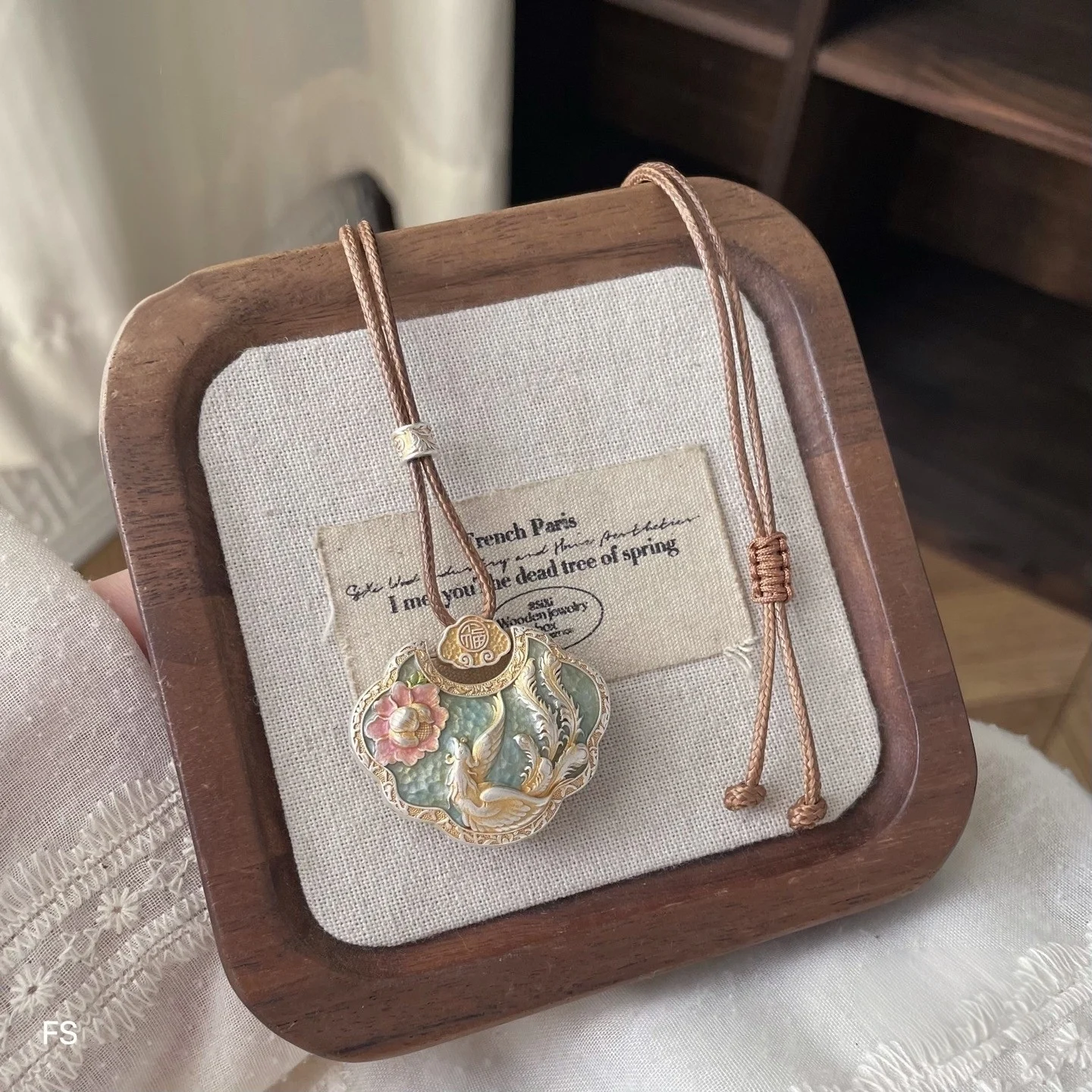 S999 Sterling Silver Double-sided Engraved Golden Pattern Phoenix Through Peony Necklace with Pure Silver Pendant