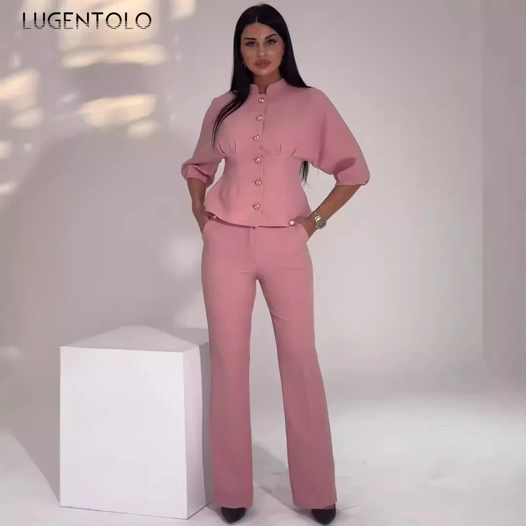 

Женские элегантные комплекты рубашек и брюк, розовые топы с длинными рукавами, темпераментные офисные женские брюки с тонкой талией, новые широкие брюки, комплект из двух предметов