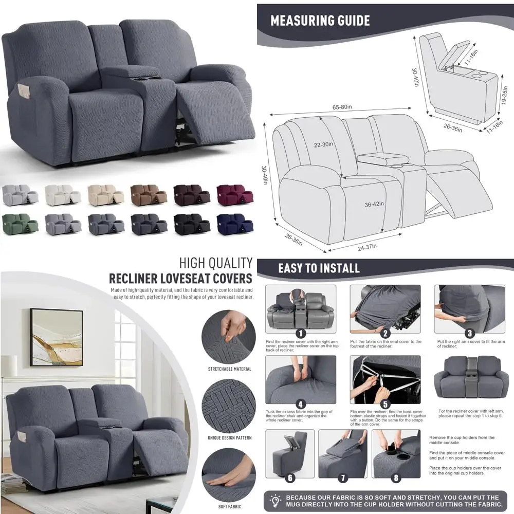 

Two-Seat Recliner Sofa Cover with Middle Console, Stripe Jacquard Couch Cover for Loveseat, Recliner Slipcover Furniture Protect