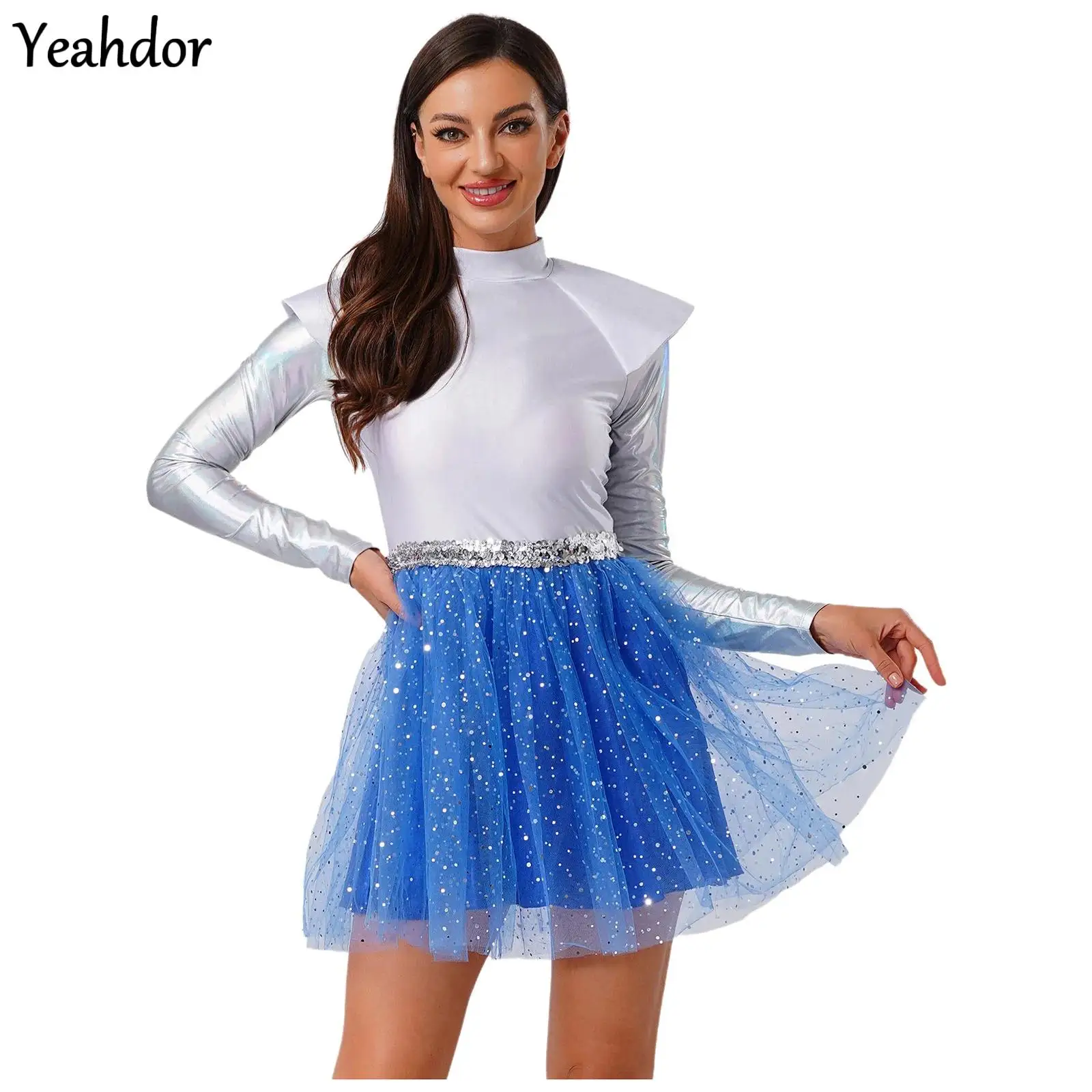 

Women Astronaut Cosplay Costume Alien Tutu Dress Halloween Outerspace Robot Dress Up Metallic Shiny Sequin Tulle Skirt Jumpsuit