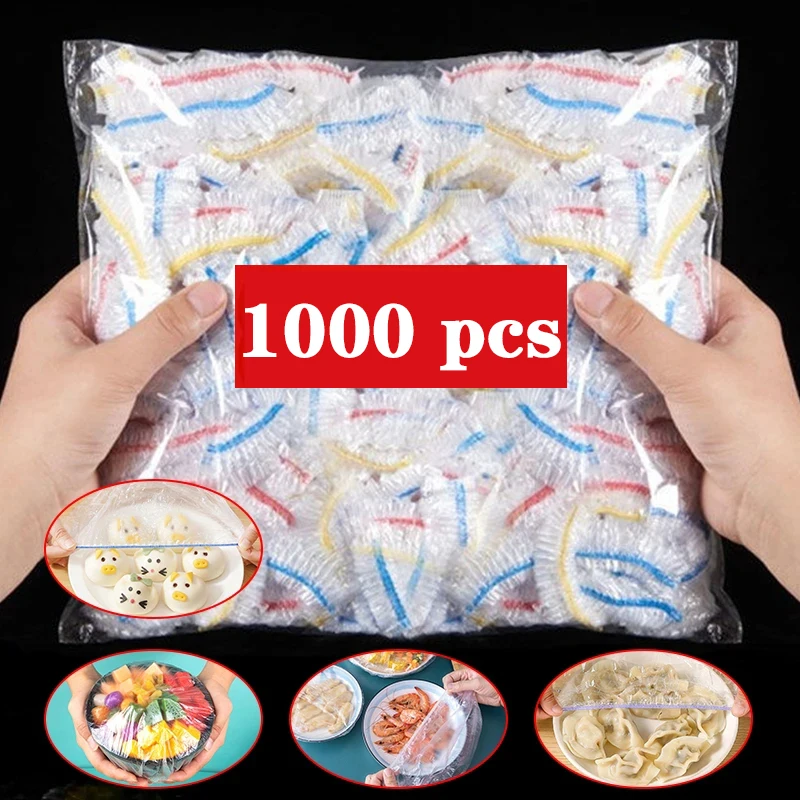 100/1000 Uds. Cubierta desechable colorida para alimentos, envoltura de plástico, tapas elásticas para alimentos, tazas, tapas, almacenamiento, bolsa de plástico, accesorios de cocina