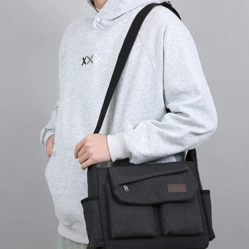 

Simple Large Capacity Men Canvas Shoulder Bag Multi Pocket Solid Color Messenger Bag All-match Zipper Crossbody Bag Travel
