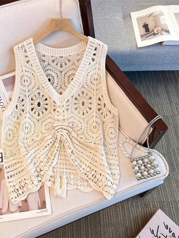 

n Hollow out Knitted Vest Large Size Women's Clothing Fat MM Outer Cover Irregular Dstring Top Summer Faion