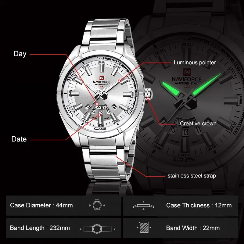 NAVIFORCE NF9038 Watches Men Men Watch Full Steel Waterproof Casual Quartz Date Sport Military Wrist Watch Relogio Masculino