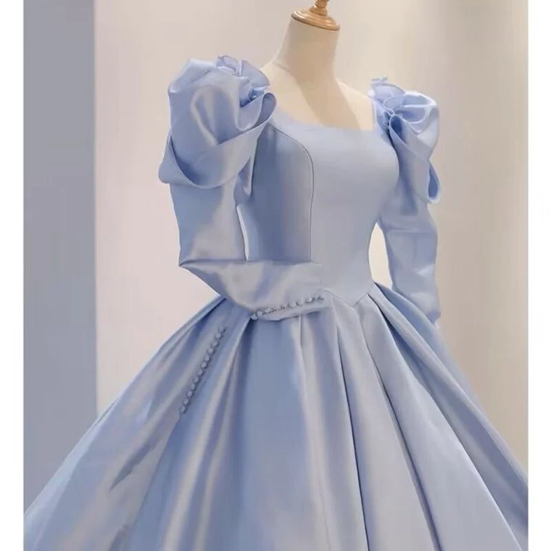 

Blue light luxury niche coming-of-age birthday party long sleeve satin dress