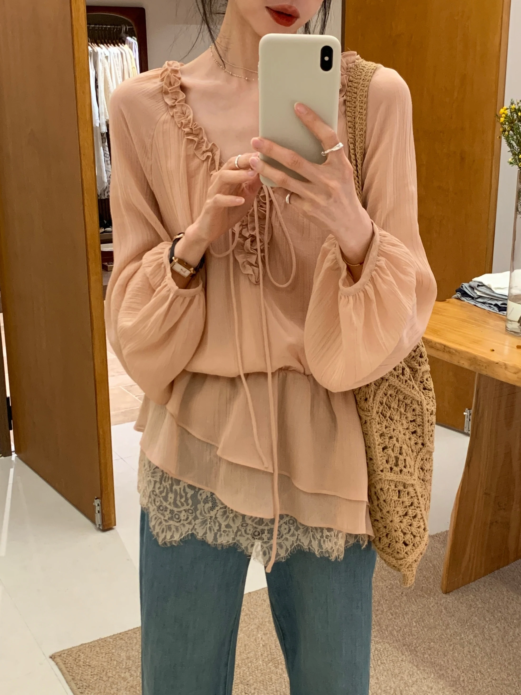 

BRIVIN Orange Pink Irregular Lace Splice Women's Shirt Spring New Style Fashionable Draping Slimming Top French Style Loose Fit