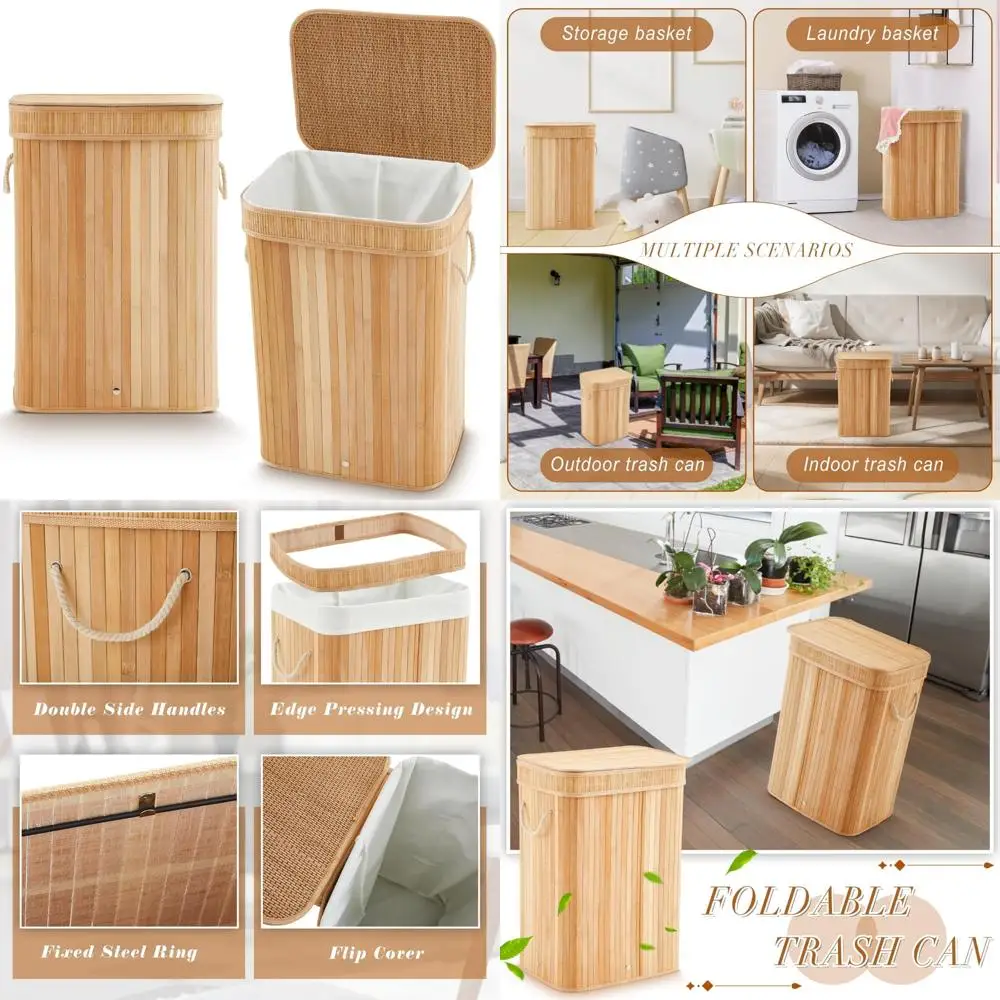 

Large Foldable Bamboo Trash Can with Lid - 21 Gallon Slim Rectangular Waste Basket for Bathroom and Bedroom Use