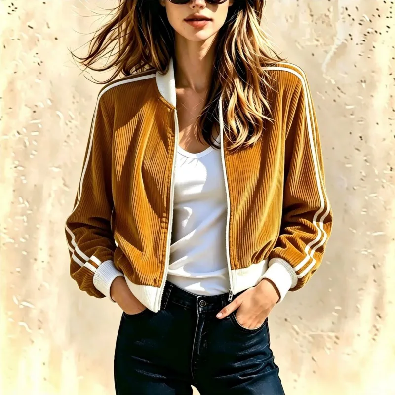 Women Corduroy Bomber Jacket Striped Long Sleeve Zip Up Stand Collar Cropped Coat Vintage Autumn Winter Baseball Jacket Female