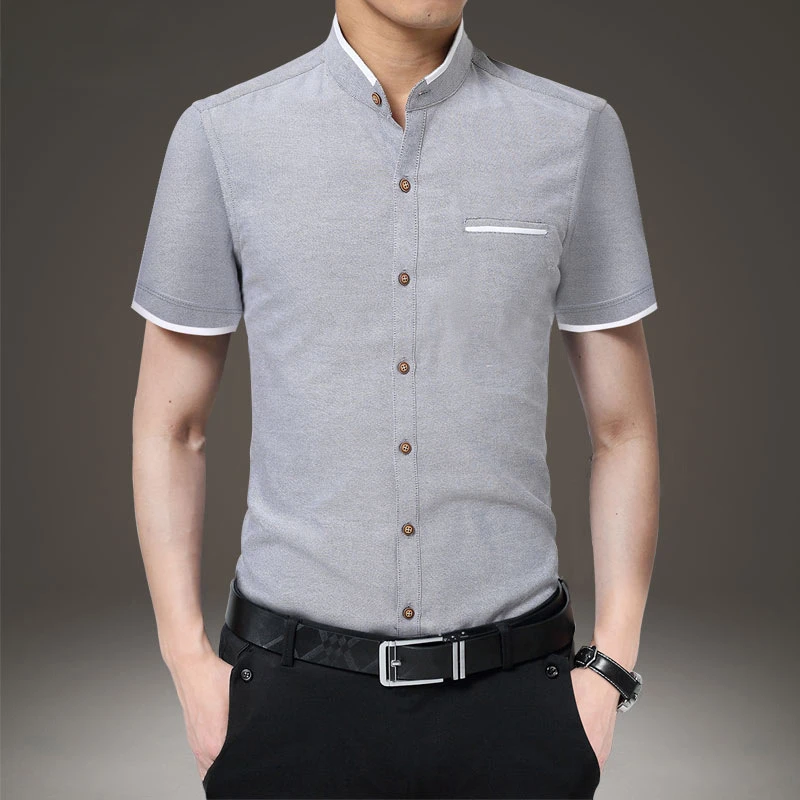 Summer New Men\'s Short Sleeve Shirt Soild Simple Business Solid Color Casual Single Pocket Comfortable Cotton Shirt