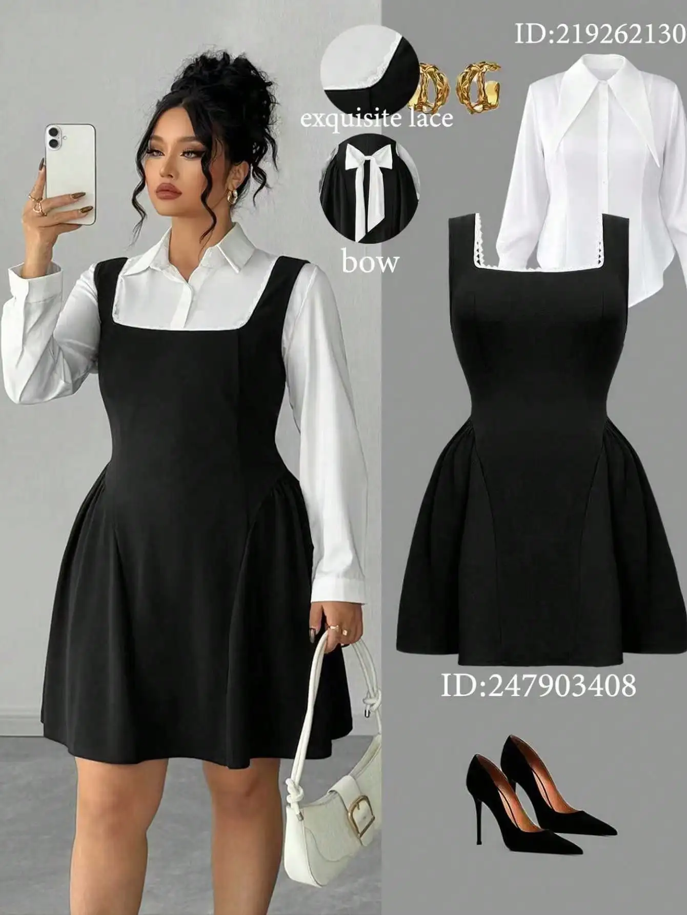 

Black Sleeveless A-Line Dress with White Collar and Lace Trim, Elegant Office & Casual Wear