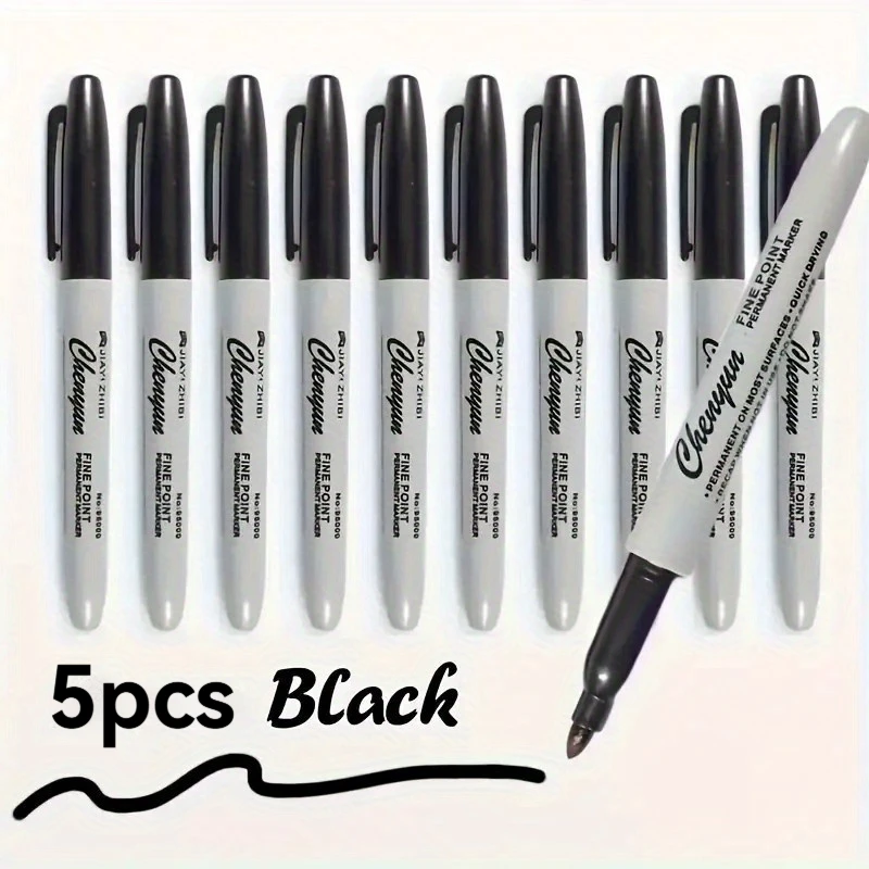 5PCS Fine Tip Black Permanent Marker-Quick-Drying,Stain-Resistant,Waterproof Ink-Perfect for Office,School and Handmade Projects