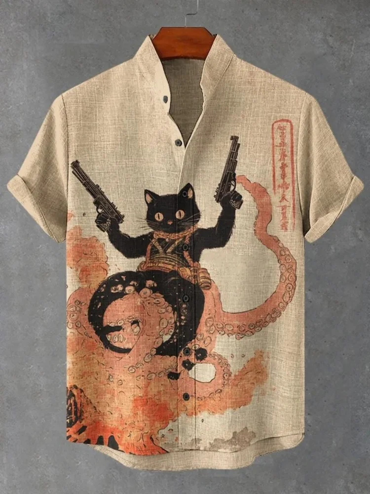 Retro Printing Summer Shirts Men's Black Cat Octopus Ocean Fantasy Art Print Casual Shirt Short Sleeve Buttons Stand Collar Tops