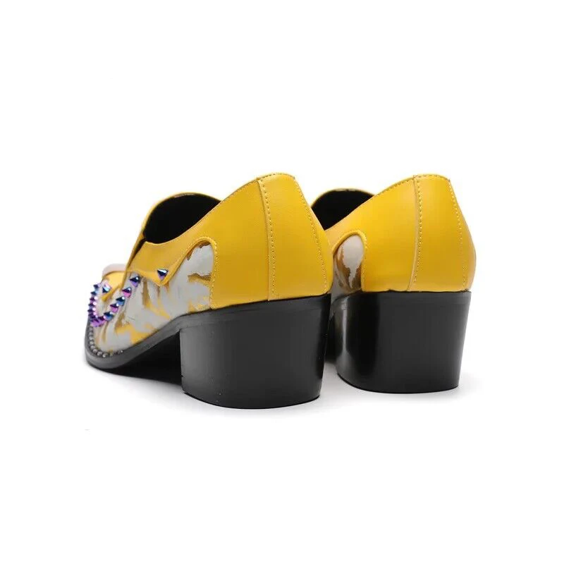 Yellow Print Genuine Leather Shoes for Men Patchwork Metal Toe Rivet Casual Business Shoes with Heels Retro Party Dress Shoes