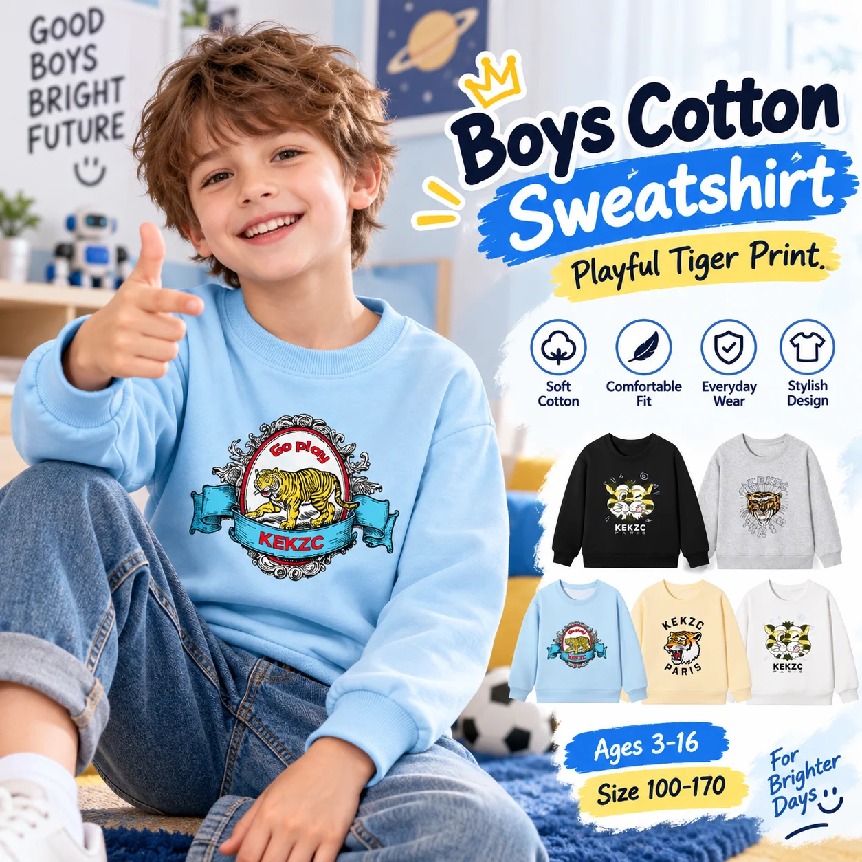 fashion Boys' winter clothing 2026 New cartoon tiger Long sleeves Kids pullover warm teen boy fall clothes Children's sweatshirt