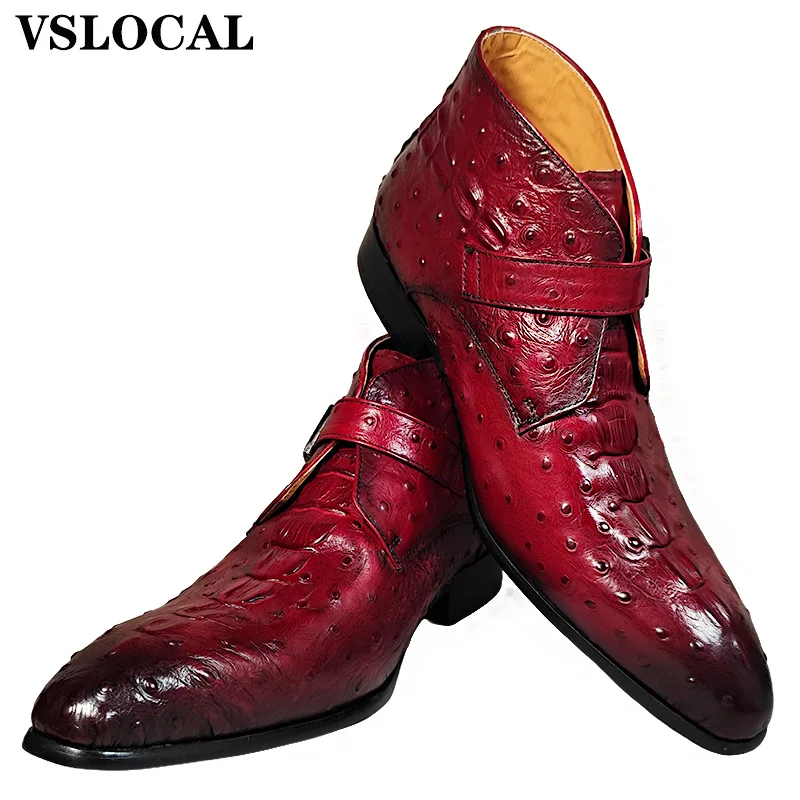 2025 Mens Ankle Boots Shoes Black Buckle Strap Ostrich CROCO Prints Casual Dress Cowboy Boots Slip on Leather Boots Men