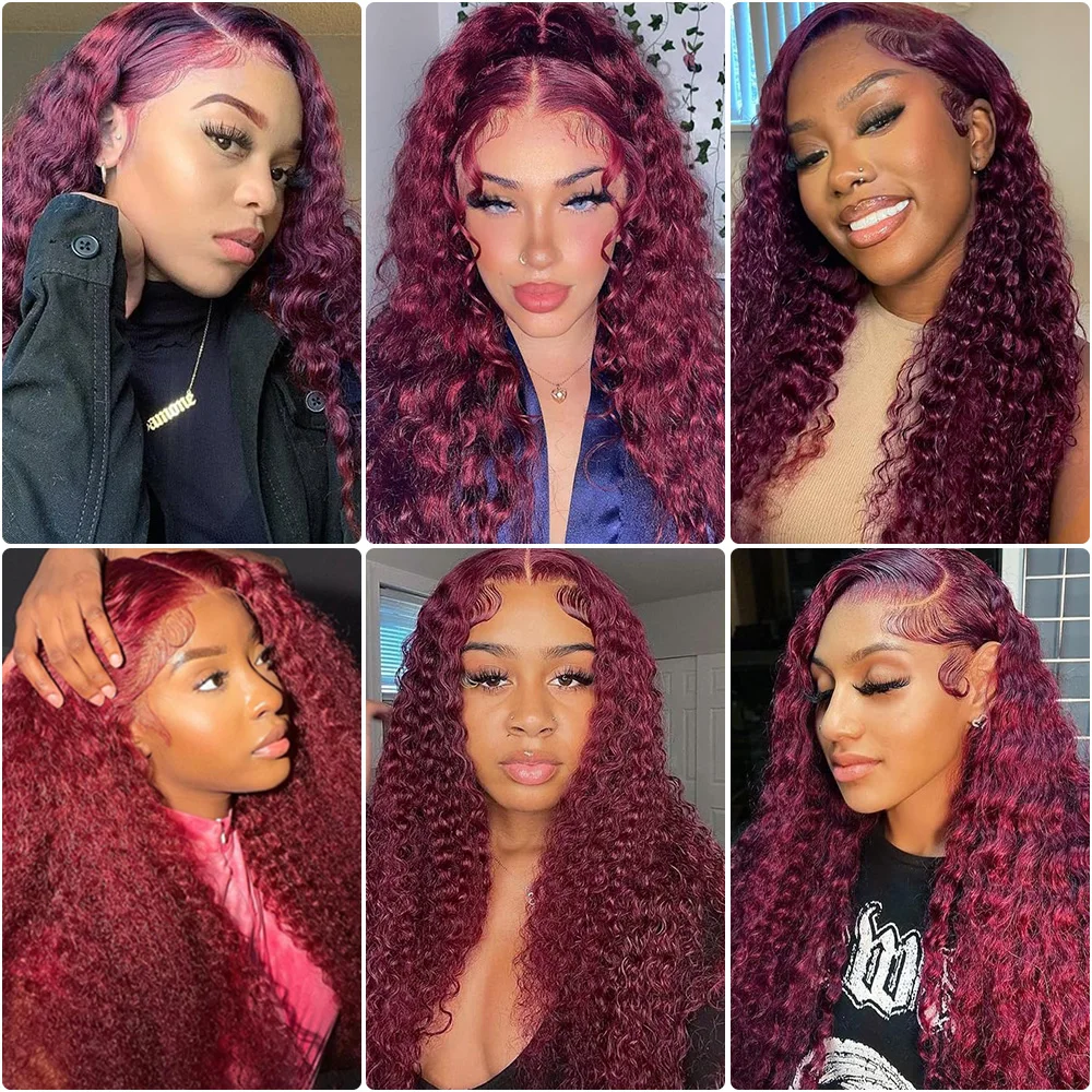 99J Borgogna Onda Profonda 200 Densità 13x4 Frontale Del Merletto Parrucca di Capelli Umani Al 100% 13x6 HD Trasparente Del Merletto Rosso Ricci Parrucche Anteriori Per Le Donne