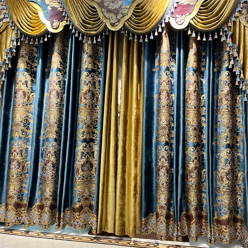 

Blue European Luxury Curtains for Living Room Bedroom Villa Flannel Custom Palace Valance Embroider Tulle Window Elegant Gold