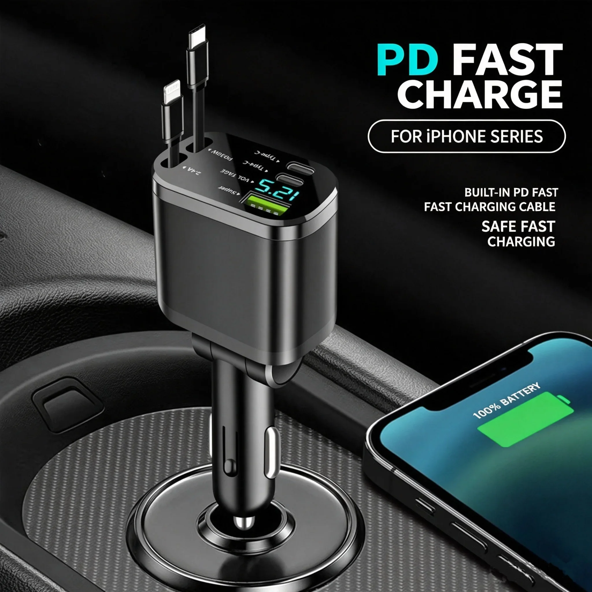 1pcs Fast charging cable USB cigarette lighter adapter telescopic car charger cigarette lighter converter - view 2