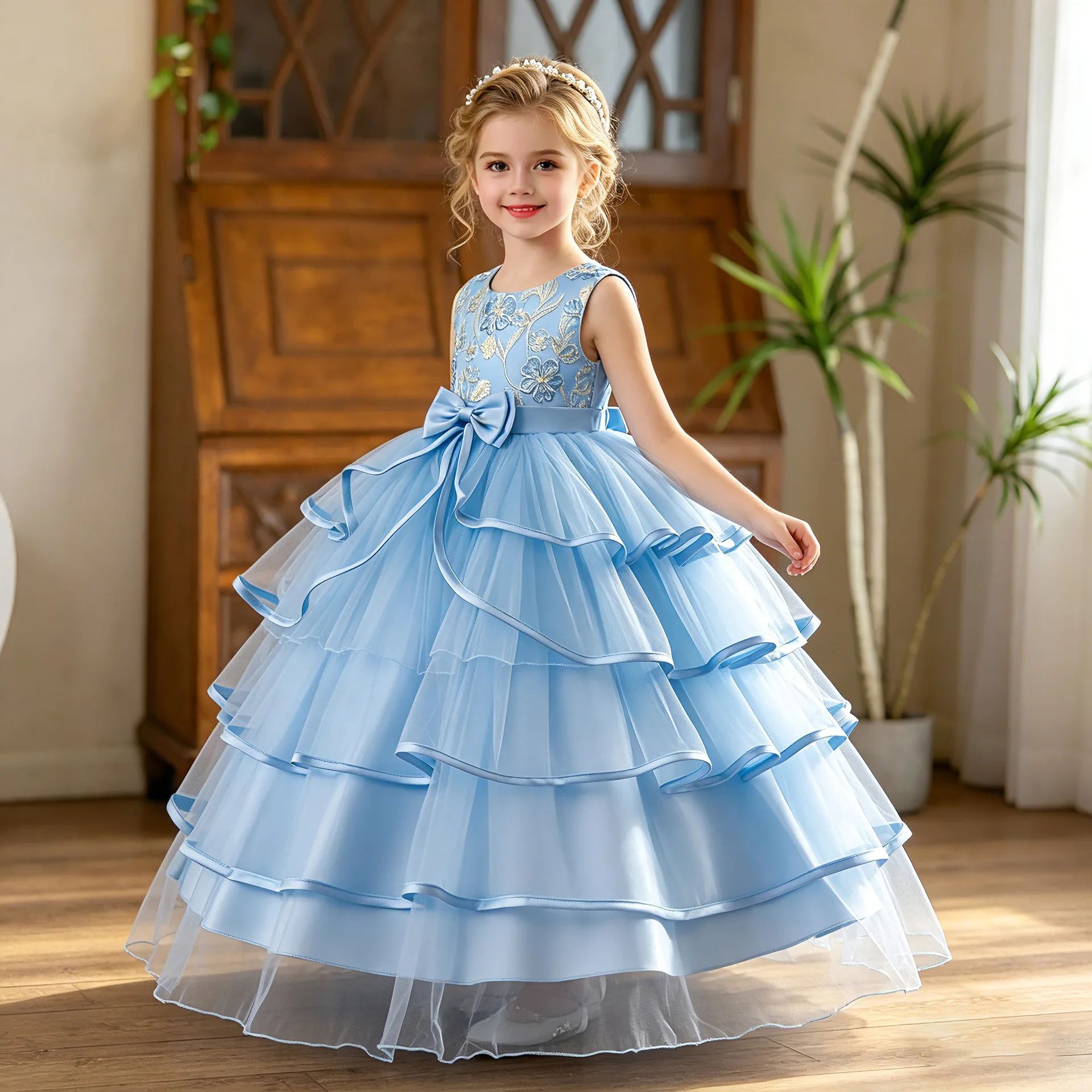 Vestido Formal de Encaje y Lentejuelas para Adolescentes, Elegante Vestido de Princesa para Invitadas de Boda, Fiesta de Cumpleaños, Primera Comunión, 4-14 Años