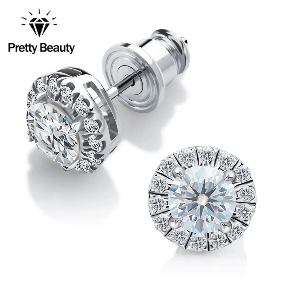 

Pretty Beauty 1/2CT Moissanite Stud Earrings S925 Silver for Women White Gold Plated Halo Diamond Earrings Wedding Fine Jewelry