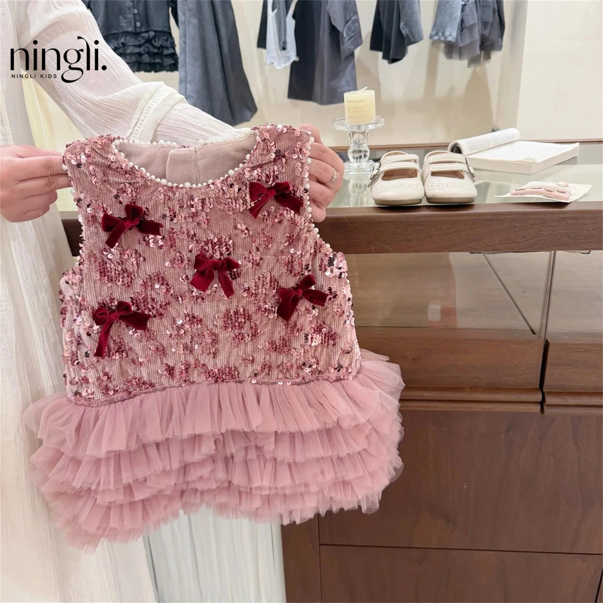 Pink Mist Broken Diamond Girl Sweet Sparkle Tank Top Skirt Autumn/Winter with Velvet Bow Dress
