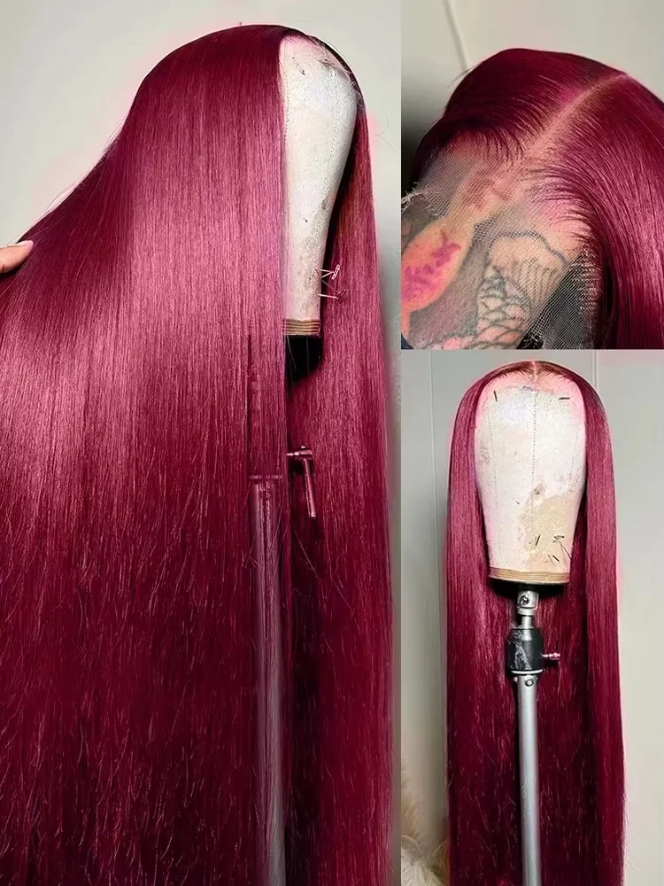 

99J Red Burgundy Colored Lace Frontal Human Hair Wigs 13X6 HD Straight Lace Front Wig 250 Density Pre Plucked Human Hair Wig