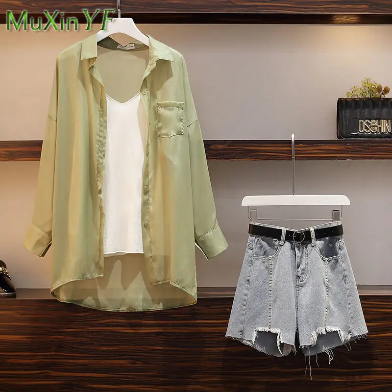 Verão das mulheres Matching Set 2023 Nova Moda Chiffon Sunscreen Shirt + Regata + Denim Shorts 3 Peça Coreano Elegante Jeans Suit