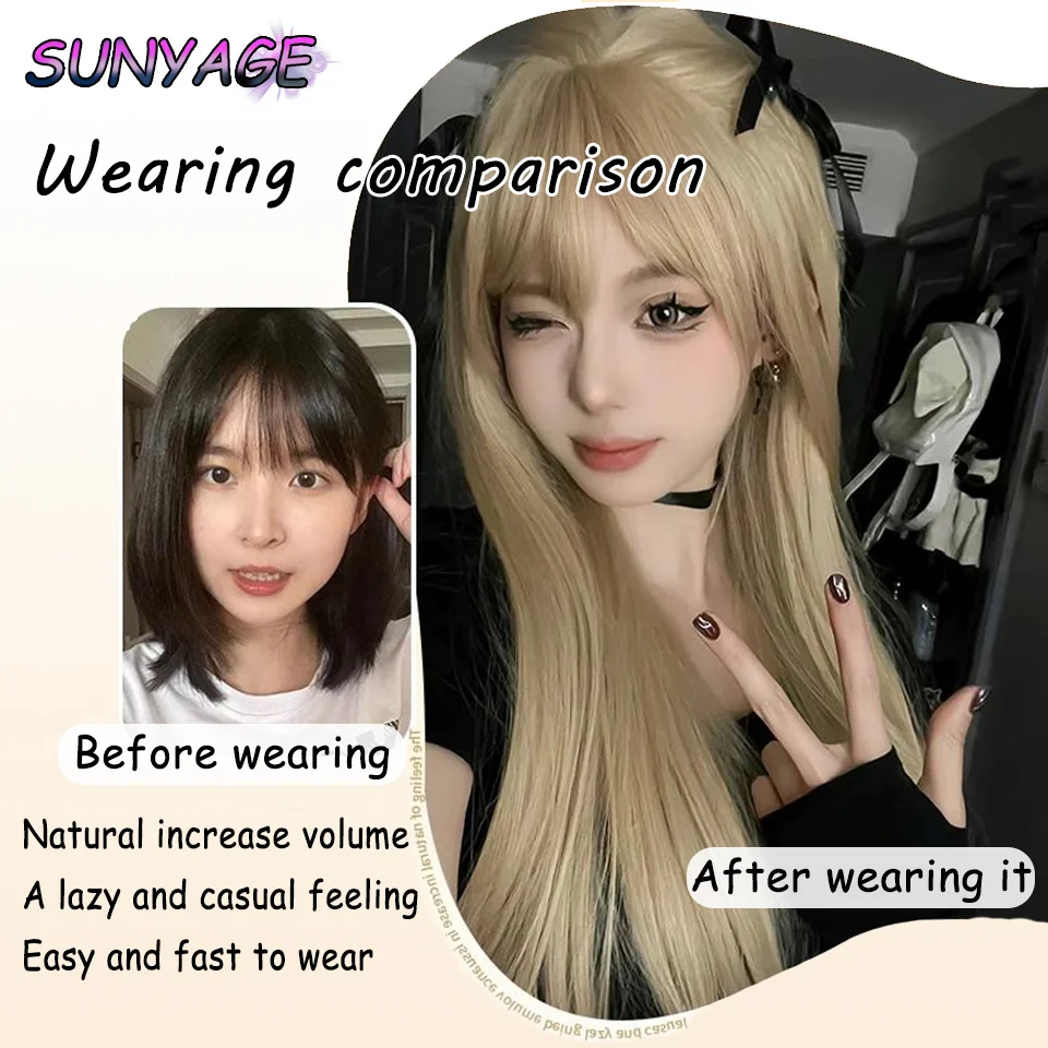 SUNYAGE Wig Lolita lurus panjang sintetis dengan Wig poni anak perempuan Wig Cosplay Ombre merah muda pirang lucu pesta Wig Harajuku Halloween