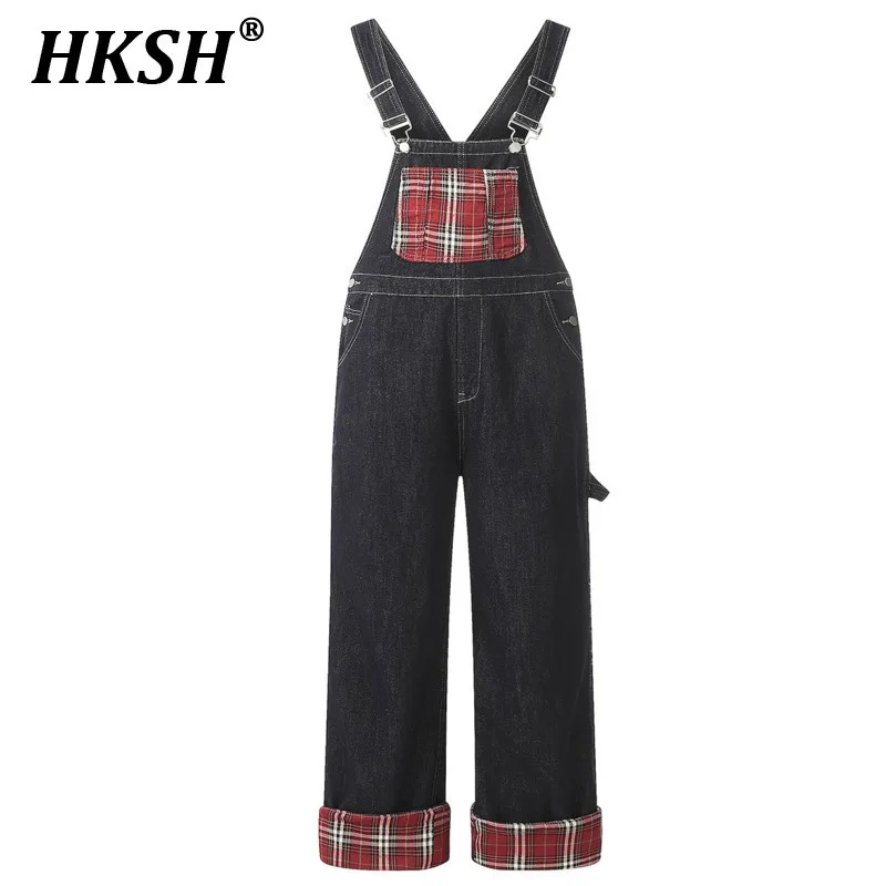 

HKSH Spring Autumn New Men Tide Elegant Fashion High Street Jeans Retro Plaid Patchwork Overalls Straight Jumpsuit Pants HK5373